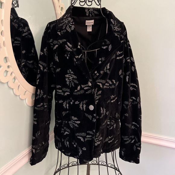 Chicos Womens Jacket 3 Black Silver Velvet Embroidered 2-Button Blazer Lined L - Picture 1 of 5